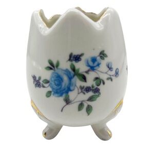 Vintage Porcelain Cracked Egg Cup/Vase 3 Footed Blue Purple Floral  Gold Rim